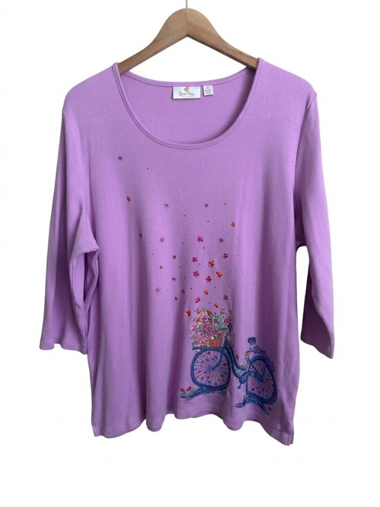 Quacker Factory Tops - Quacker Factory Botanical Bicycle Embroidered Rhinestone Top XL Purple Whimsical